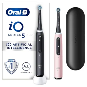 This pack includes two Oral-B iO5 electric toothbrushes with AI, five cleaning modes, pressure sensor, two brush heads, a travel case and a UK 2 pin plug for superior teeth whitening and healthier gums.