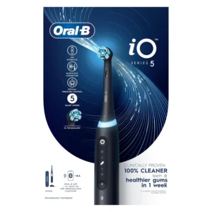 Black Oral-B iO5 electric toothbrush with LED interface, utilizing AI technology and Bluetooth connectivity for optimal and personalized oral hygiene.