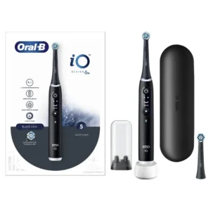 Black Oral-B iO 6 electric toothbrush with interactive display, five cleaning modes, pressure sensor, and two brush heads for healthier gums and a professional clean.