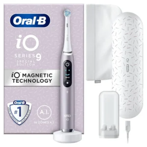 The Oral-B iO9 electric toothbrush with magnetic iO technology provides a professional clean with seven personalized brushing modes and comes with a charging travel case.
