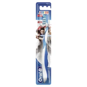 Oral-B Junior StarWars soft manual toothbrush designed for children ages 6 and up with mixed teeth.