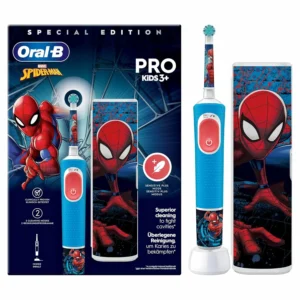 The Oral-B Kids Spider-Man electric toothbrush with a soft brush head provides a gentle and effective clean for children aged 3 and up, featuring interchangeable stickers for customization.