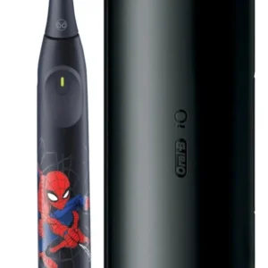 Oral-B iO Kids 6+ electric toothbrush featuring a Marvel Spiderman design, including a brush head, travel case, and charging station, offering gentle cleaning for children's teeth and gums with three cleaning modes.
