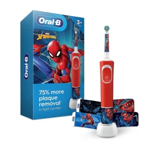 Oral-B Kids electric toothbrush featuring Marvel Spiderman character includes a rechargeable handle, charger, brush head and stickers for healthy smiles in children 3+.