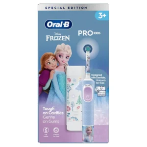 Blue Oral-B Pro Kids electric toothbrush with a Frozen sticker, designed for gentle cleaning and healthy gums in children aged 3 and up.