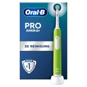 Green Oral-B Pro Junior electric toothbrush designed for children aged 6 and up with pressure sensor, soft bristles, and timer for gentle and effective dental care.