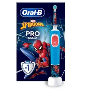 The Oral-B Pro Kids electric toothbrush featuring Marvel Spider-Man provides a gentle and effective clean for children ages 3 and up with extra soft bristles, two brushing modes, and fun stickers.