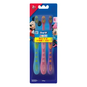 This Oral-B kids toothbrush features extra soft, end-rounded bristles, an easy-to-hold handle, and a fun Mickey Mouse design, perfect for gentle and effective cleaning of young children's teeth and gums.