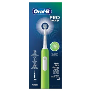 Green Oral-B Pro Junior electric toothbrush for kids aged six and up with a small brush head, designed for gentle and effective cleaning with pressure control.