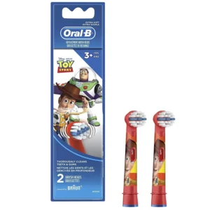 Two Oral-B kids replacement toothbrush heads featuring Disney Pixar Toy Story characters with extra soft bristles for gentle cleaning and blue indicator bristles.