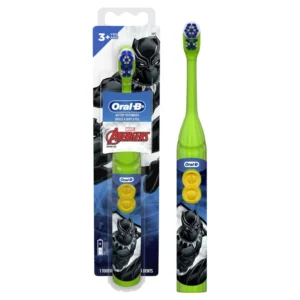 Oral-B kids battery powered toothbrush featuring Marvel Avengers characters with extra-soft rotating brush head for gentle cleaning.