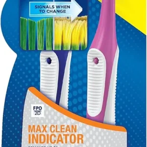 This image shows a 2-pack of Oral-B Pro-Expert Max Clean toothbrushes with CrissCross bristles that remove up to 99% of plaque in hard-to-reach areas, as recommended by dentists.