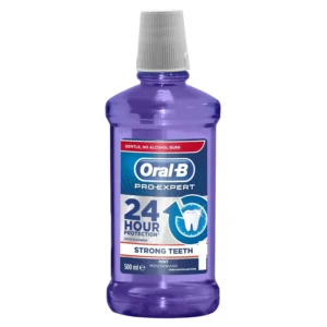 Oral-B Pro-Expert mint mouthwash with fluoride provides 24-hour plaque protection and strengthens teeth.