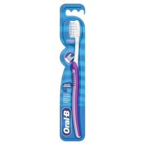Oral-B Pro-Expert Orthodontic toothbrush with V-trimmed bristles for effective cleaning around braces, brackets, and wires, designed with a long, narrow neck for easy access.