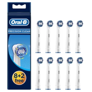 Ten Oral-B Precision Clean replacement brush heads designed to reach hard-to-reach areas and remove plaque, compatible with most Oral-B rechargeable handles.