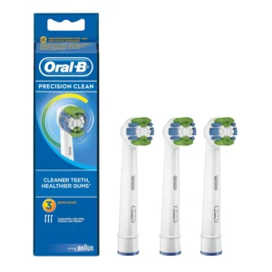 Three Oral-B Precision Clean EB20 replacement brush heads designed for Oral-B rechargeable toothbrushes, featuring rounded bristles for cleaning teeth and gums.