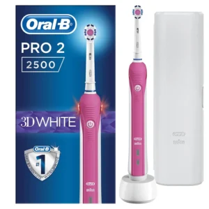 Pink Oral-B Pro 2500 electric toothbrush with 3D cleaning technology, a visible pressure sensor to protect sensitive gums, and a travel case, removes surface stains and plaque to gently whiten teeth.