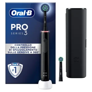 The Oral-B Pro 3 3500 black edition electric toothbrush comes with a travel case and features a dentist-inspired round brush head for deep cleaning and healthier gums.