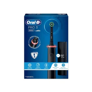 Black Oral-B Pro Clean 3 3000 rechargeable electric toothbrush with a round brush head and built-in timer for enhanced plaque removal and gum protection.