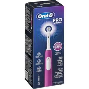 Purple Oral-B Pro Junior electric toothbrush for children aged six and up, featuring ultra thin bristles for gentle cleaning and a built-in timer.