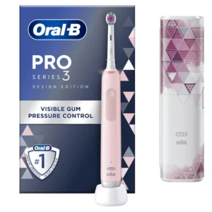 Oral-B Pro 3 pink electric toothbrush designed by Braun with a round brush head removes more plaque for healthier gums.