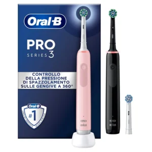 This is a set of two Oral-B Pro 3 electric toothbrushes in black and pink, designed by Braun, with three brush heads for a professional clean and gum protection with visible pressure control.