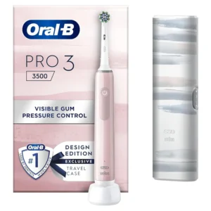 Pink Oral-B Pro 3 electric toothbrush with travel case and visible gum pressure control for healthier gums.