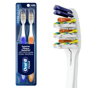 Two Oral-B Pulsar battery powered toothbrushes with vibrating bristles help remove plaque in hard-to-reach places.