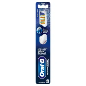 A single Oral-B Pulsar Pro-Clean battery-powered toothbrush removes plaque with vibrating bristles.