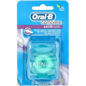 Twelve units of Oral-B Satin Tape dental floss with a refreshing mint flavor, designed to easily clean between teeth and be gentle on gums.