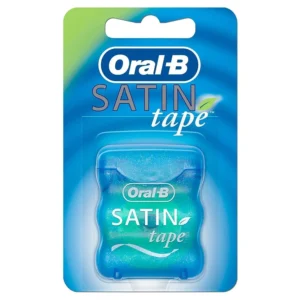 Close-up of Oral-B Satin Mint dental floss featuring a wide satin ribbon, comfort grip, and refreshing mint flavor for a fresh, clean feeling.