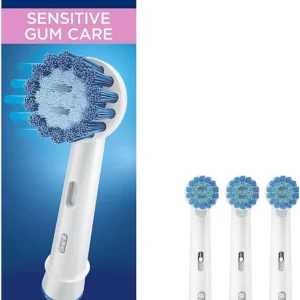 Three Oral-B Sensitive Gum Care replacement brush heads with extra soft bristles for a gentle and superior clean on sensitive gums.