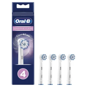 Four Oral-B Sensitive Clean electric toothbrush heads with ultra-thin bristles for gentle cleaning and plaque removal, compatible with most Oral-B handles.
