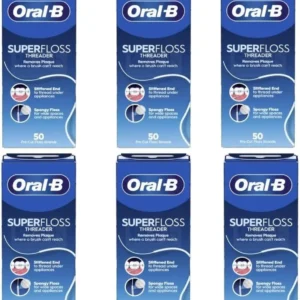 Six pack of Oral-B Super Floss pre-cut strands, ideal for cleaning braces, bridges, and wide spaces between teeth with its stiffened end and spongy floss.