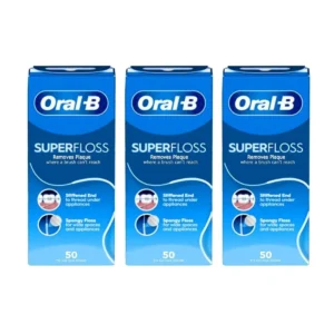 This is a pack of three Oral-B Super Flosses, each containing 50 pre-cut, mint-flavored strands designed to clean large interdental spaces with their spongy floss and stiff threader.