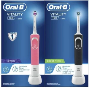 The Oral-B Vitality D100 electric toothbrush bundle features a black handle with a Cross Action brush head and a pink handle with a 3D White brush head, offering an ergonomic design, quadrant timer and rechargeable battery for better oral hygiene.