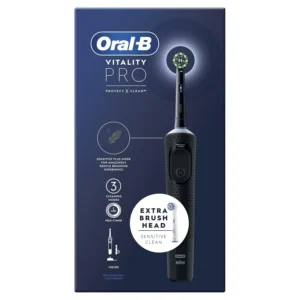 Black Oral-B Vitality Pro electric toothbrush with two brush heads, offering three cleaning modes, including a gentle Sensitive Plus mode for effective plaque removal.