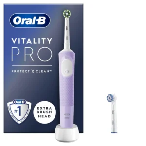 The Oral-B Vitality Pro electric toothbrush in purple provides a deeper, gentle clean with three modes, including sensitive plus, for fighting cavities and protecting gums with dentist-recommended round brush head technology.