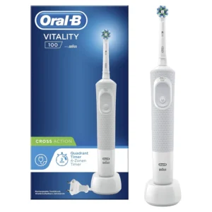 White Oral-B Vitality 100 electric toothbrush with charger and one brush head, designed for adults to effectively remove plaque and promote gum health.