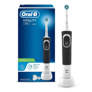 A black Oral-B Vitality CrossAction electric toothbrush oscillates at 7600 movements per minute for effective cleaning.