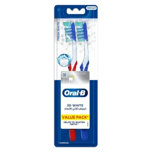 Two Oral-B 3D White Fresh manual toothbrushes with outer gingival stimulators for gum massage, plaque removal, and tongue cleaning for fresher breath.