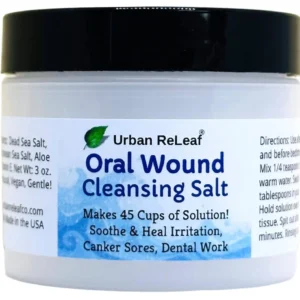 Urban ReLeaf oral wound cleansing salt provides soothing relief and promotes healing for mouth sores, gum irritation, and dental work recovery with a natural blend of sea salts, aloe vera, and vitamin E.