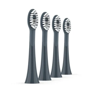 A pack of four black and grey Ordo Sonic+ replacement toothbrush heads featuring deep clean bristles and silicone polishing elements for optimal plaque removal.