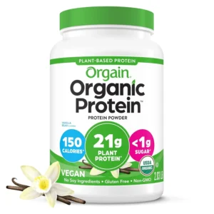This is a container of Orgain Organic Plant Based Protein Powder in Vanilla Bean flavor, a vegan, gluten-free protein powder with 20 servings per container.