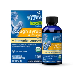 Bottle of Mommy's Bliss organic baby cough syrup with elderberry and vitamin C to soothe coughs and support immune health.