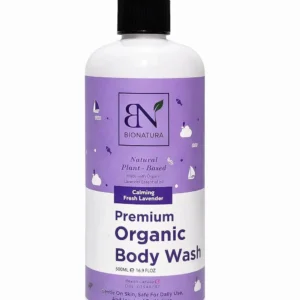 A bottle of organic body wash made with natural coconut and olive oils for moisturizing and gentle cleansing.