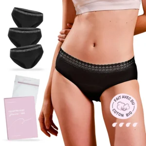 This image displays a 3-pack of JANICE organic cotton period panties, designed for abundant flow and postpartum use.
