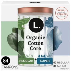 This image shows a multipack of L. Organic Cotton Tampons with a 100% organic cotton core, free from chlorine, pesticides, and fragrances, featuring a full-size BPA-free plastic applicator for comfortable insertion.
