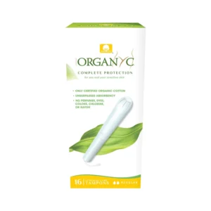 Sixteen regular absorbency Organyc tampons with applicator made of 100% organic cotton, certified vegan and biodegradable.