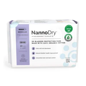 Nannocare organic cotton incontinence pads for women and men, offering discreet and natural protection against bladder leakage during pregnancy, postpartum, and menopause.
